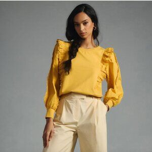 Anthropoloie Eyelet Ruffle Sleeve Pullover Sweatshirt Size XL Yellow Boho